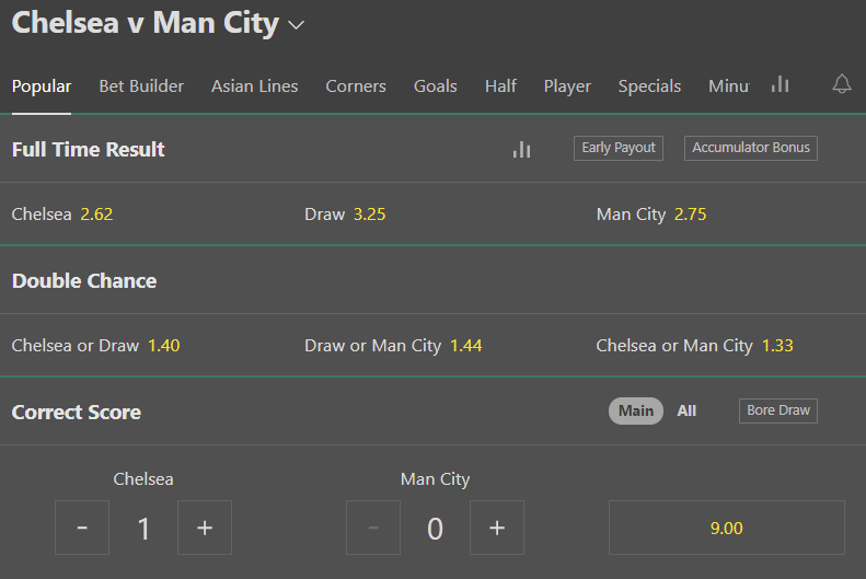 Bet365 Ergebniswetten zum Spiel Chelsea gegen Man City