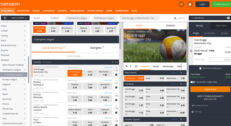 Screenshot of the Betsson football section
