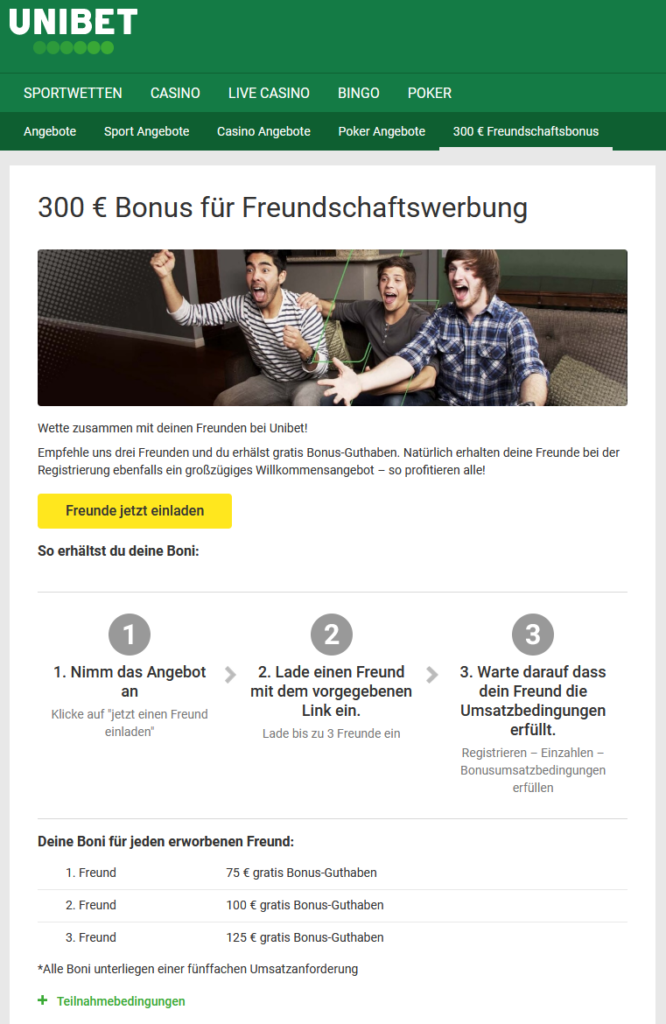 Bonus für Freundschaftswerbung bei Unibet