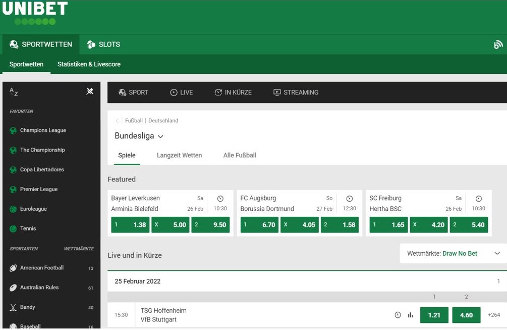 Draw no bet Wetten beim Anbieter Unibet