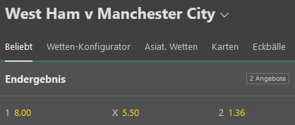 Wettquoten West Ham gegen Manchester City bei Bet365