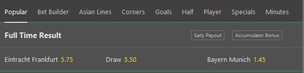 Bet365 odds Frankfurt Bayern