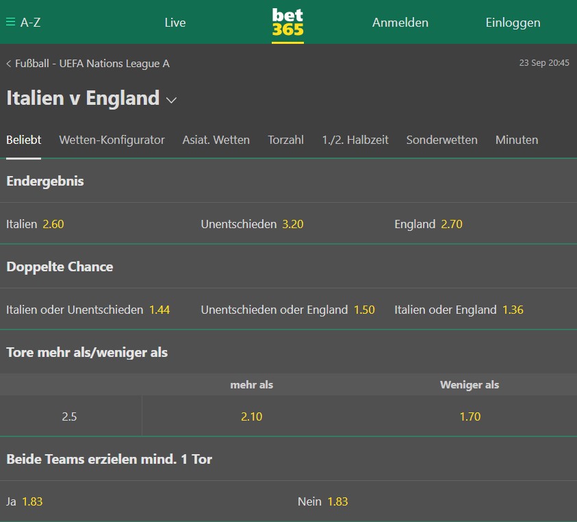 Bet365 Wettquoten für Nations League Italien gegen England