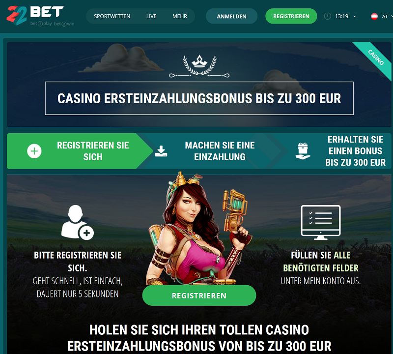 22Bet Casino Bonus für Neukunden Screenshot