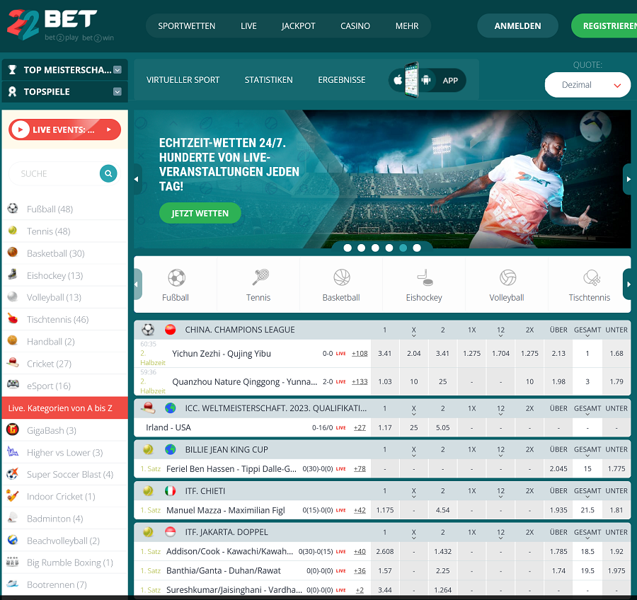 Sportwetten Angebot von 22Bet