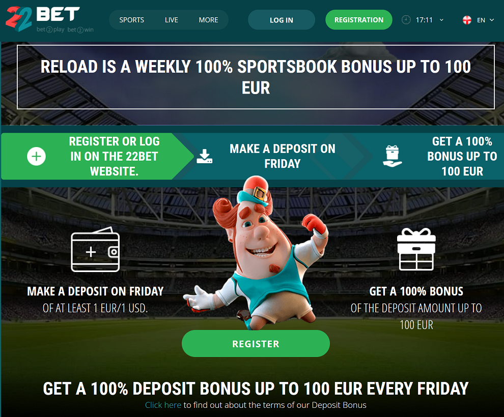 22bet reload bonus