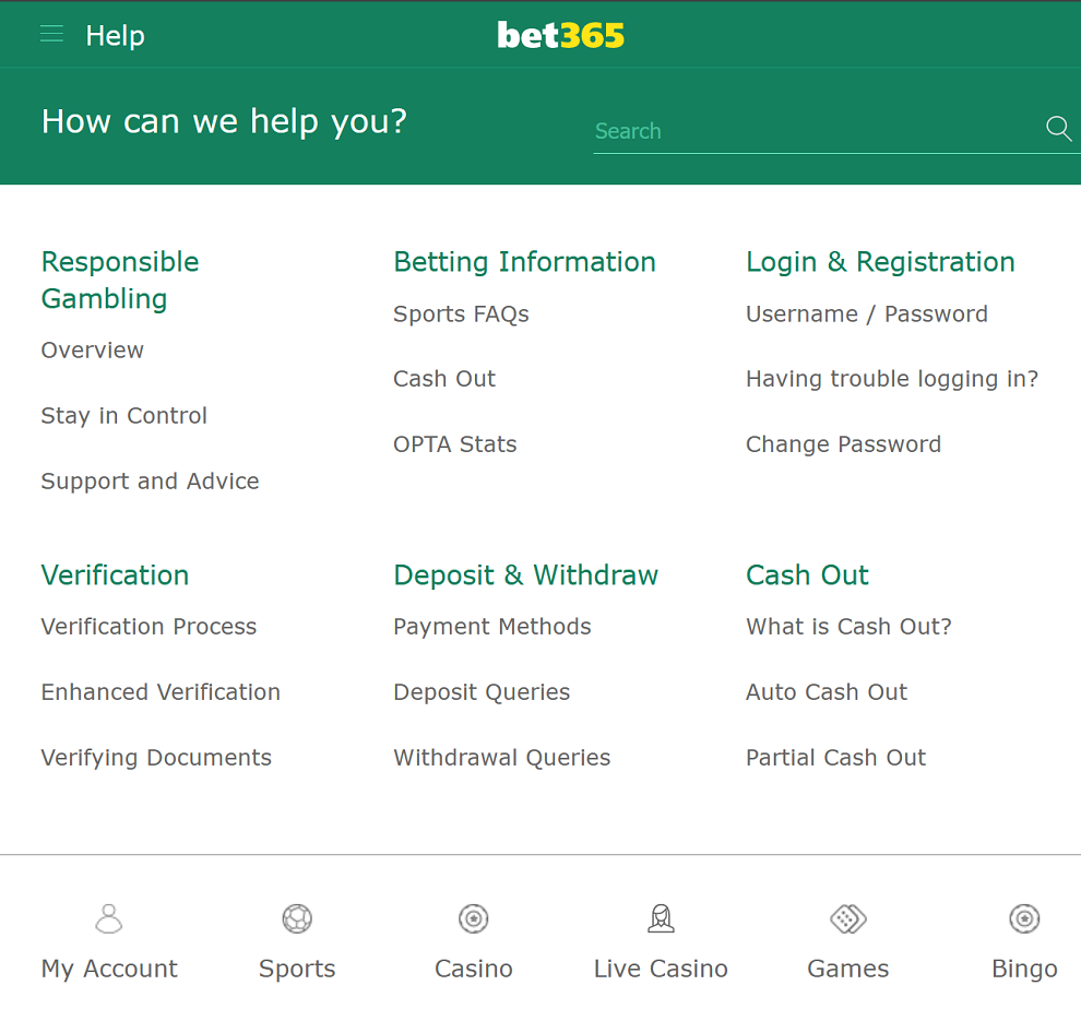 Bet365 help section