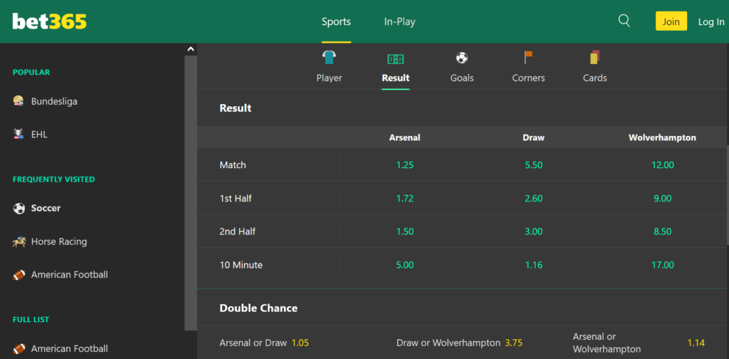 Bet365 Double Chance Betting